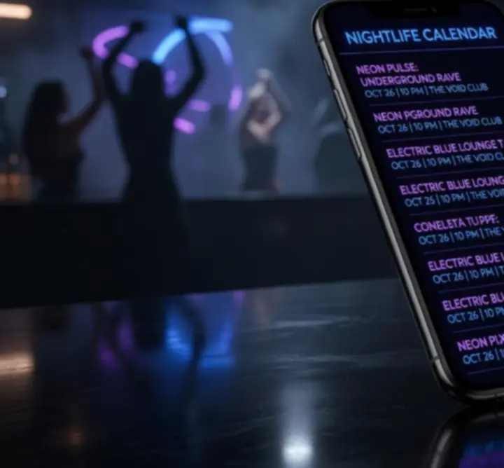 Mobiltelefon képernyőjén megjelenő Night Life Gather eseménynaptár
