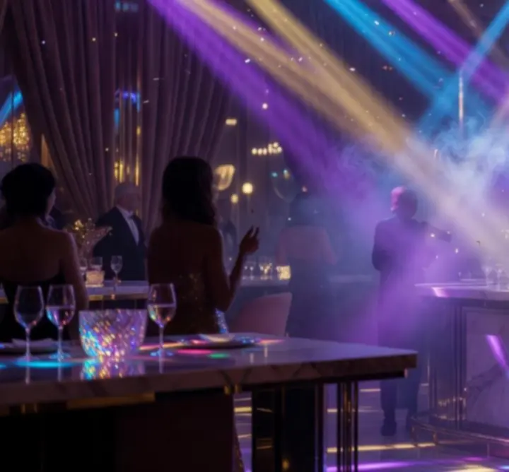 Tematikus party erőteljes lila és kék fényekkel