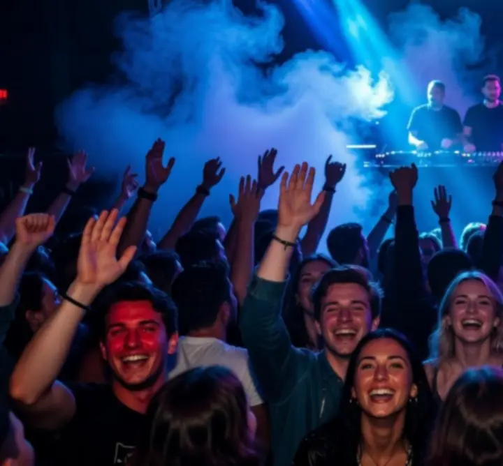 Élő koncert hangulata színpadi fényekkel és tömeggel