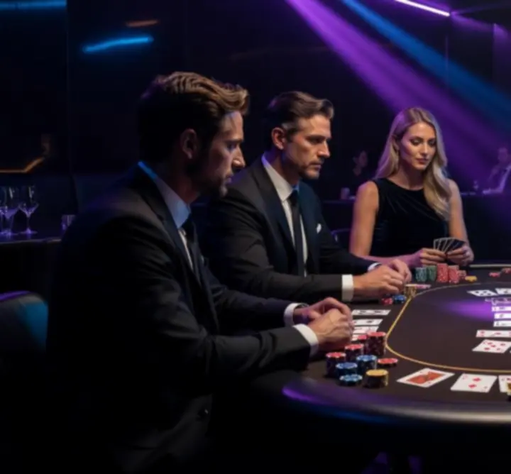 Hangulatos, színházi fényekkel megvilágított poker est, nevető vendégekkel