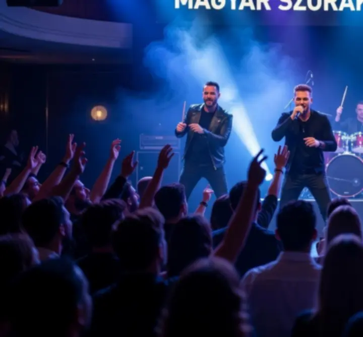 Koncert színpadi fényekkel és lelkes közönséggel